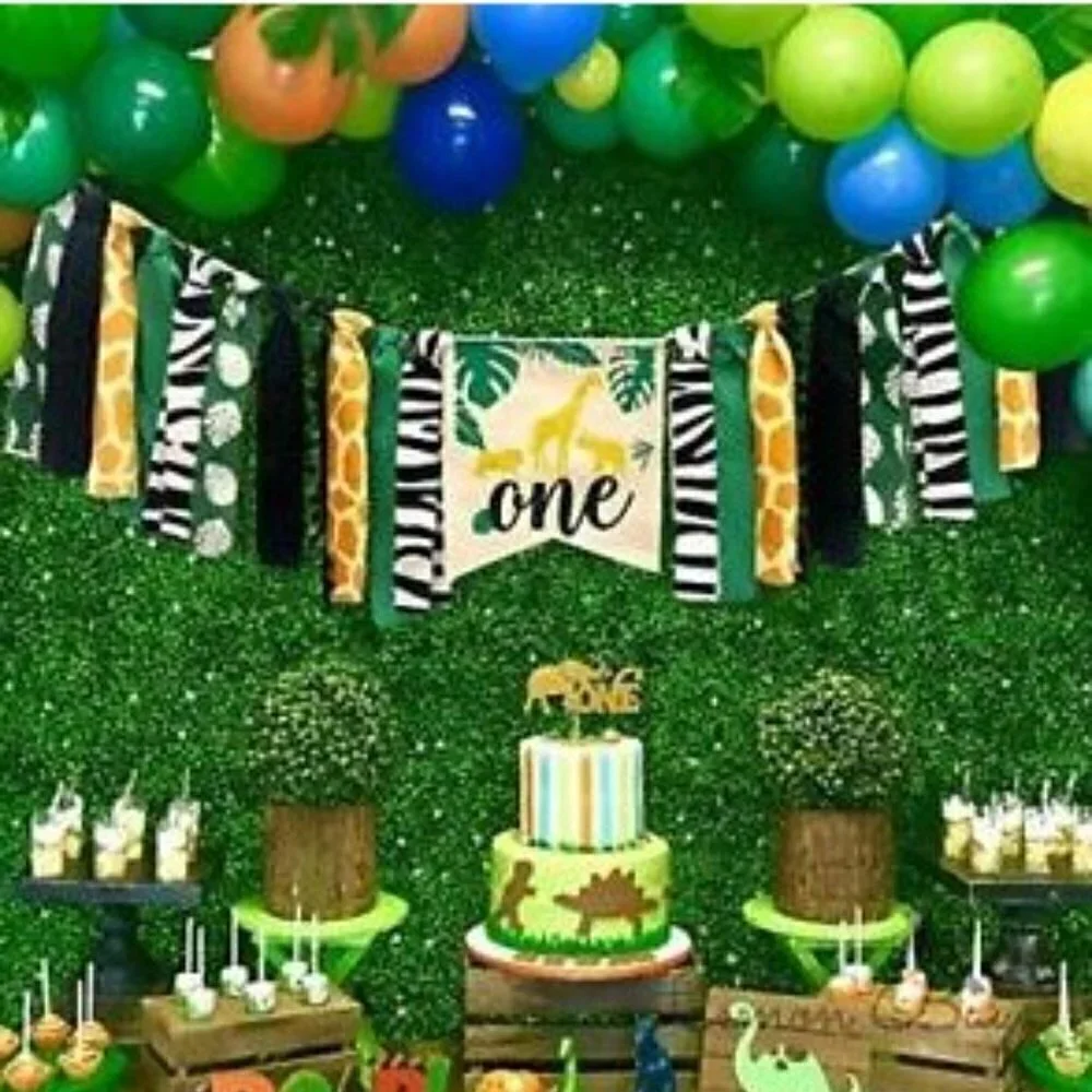 1ST BIRTHDAY PARTY FOREST JUNGLE SAFARI THEME DECORATIONS BANNER, CROWN, CAKE T